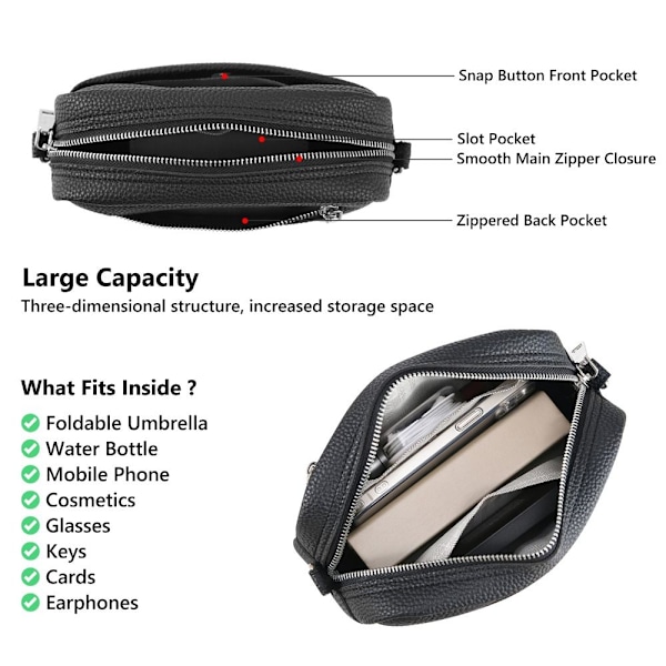 Naisten olkalaukku klassinen leveällä hihnalla varustettu crossbody-laukku vetoketjulla Black