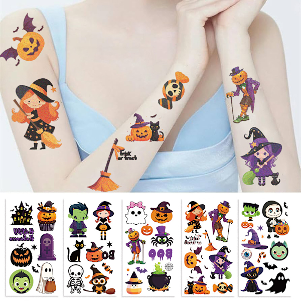 Lasten Halloween-tilapäiset tatuoinnit - 10 arkkiä poikien ja tyttöjen Halloween-temppuja ja herkkuja varten Halloween series (10 pieces/pack)