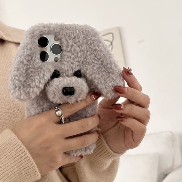 Sött Teddyhund Plyschfodral för iPhone 17, Mjukt Fluffigt 3D Djurskydd med Bedårande Valpdesign grå iPhone 17 grey