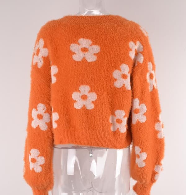 Damkofta med lång ärm, blommigt tryck, knappar framtill, V-ringning, stickad, orange orange XL