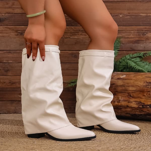 Kvinders Ruched Chunky Hæl Høje Bukse-støvler, Nye Efterårs Britisk Stil Brede Størrelse Mode Støvler White 39