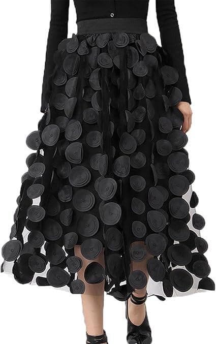 Brugerdefineret nederdel til kvinder 3D Prikket Elastisk Talje Mesh Midi Nederdele black