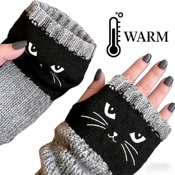 Kattema fingerløse hansker, broderte termiske hansker A16 One size