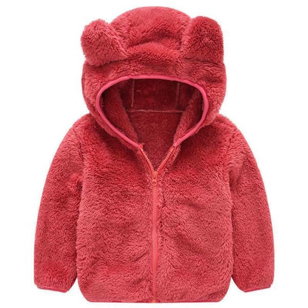 Børne Fleece Teddy Bjørne Jakke med Hætte Vinter Varm Lynlåsjakke til Drenge og Piger Rød Red 100cm