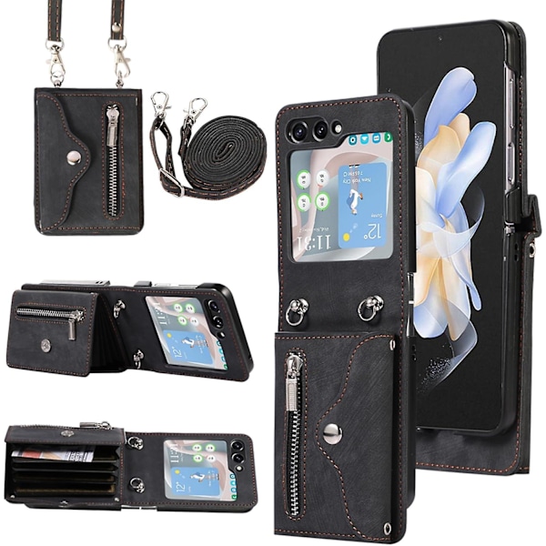 Plånboksfodral för Samsung Galaxy Z Flip 6 med axelrem, kortfack, stativ och läderfodral black