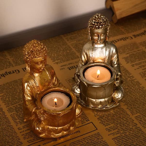 Buddha-statue lysestake, meditasjon buddha-statue lysestake dekorativ, meditasjon lysestake, harpiks aromaterapi lampekopp (gull) gold