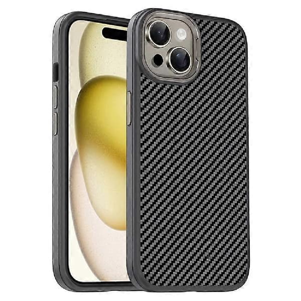 IPAKY Kompatibel med iPhone 15 Plus TPU-deksel Karbonfibertekstur Telefondeksel Metall Linseramme Grey