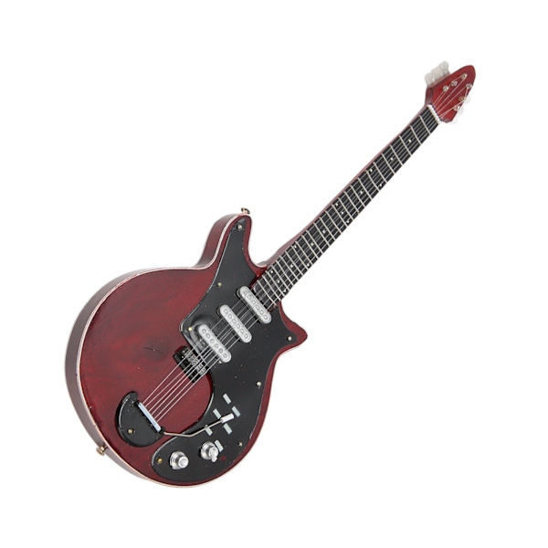 Miniatyr elgitar i rødbrun farge med stativ og etui, musikkinstrumentmodell dekorasjon 10 tommer