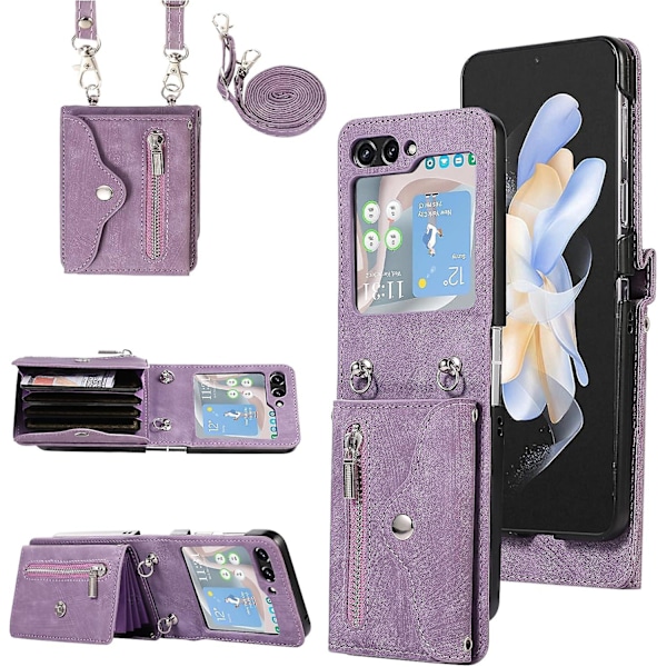 Plånboksfodral för Samsung Galaxy Z Flip 6 med axelrem, kortfack, stativ och läderfodral purple