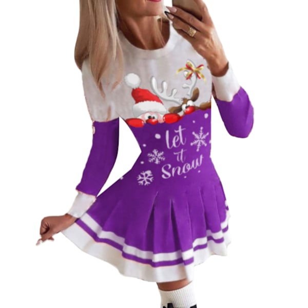 Avslappet julekjole for kvinner med O-hals, plissert skjørt og lange ermer lilla purple 4XL