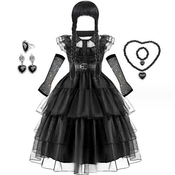 Wednesday Addams Svart Klänning för Flickor med Gratis Tillbehör 140CM