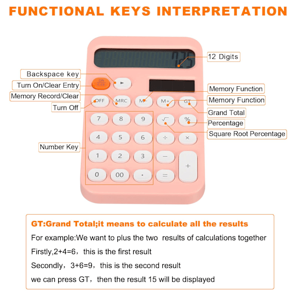 Pöytälaskin, 12-numeroinen suuri LCD-näyttö, vakiotoiminnot, kannettava söpö laskin kotiin ja toimistoon, vaaleanpunainen Pink