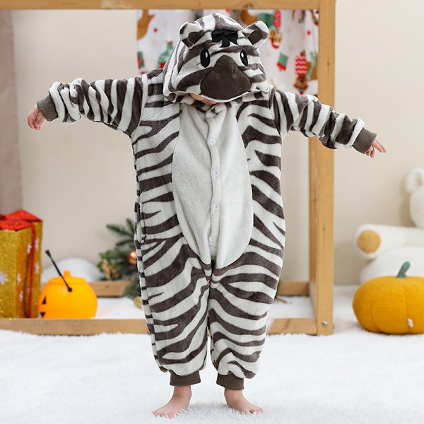 Unisex lasten haalari Plussinen puku hatulla ja hännällä pukeutumiseen roolileikkiin Halloweeniin juhliin Zebra romper 【105-115CM】