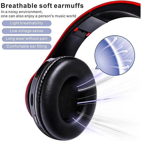 Trådløse Bluetooth Hodetelefoner - Fargerike Lys/Sammenleggbare/Stor Batterikapasitet/Innebygd Mikrofon - Bluetooth 5.0/10 m Rekkevidde Svart og Rød