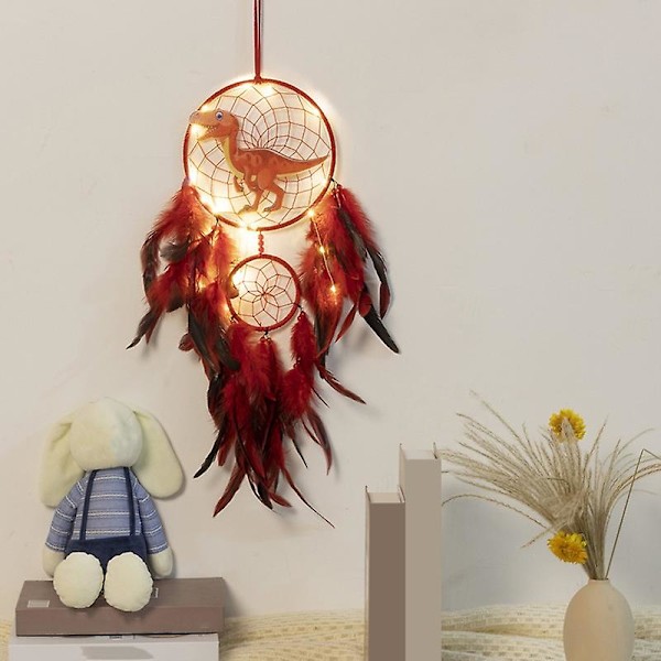 Dinosaur Drømmefanger Ornament Børn Faux LED Lys Fjer Drømmefanger Håndlavet Boligindretning Fødselsdag Blå With Light Blue