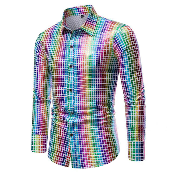 Menners Dress Skjorte Sekvens Lang Ermet Skjorte Fest Nattklubb Lys Regnbue light rainbow 3XL