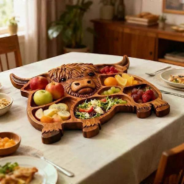 Highland Ko Trä Charcuteriebräda - Rustik Lantlig Serveringsbricka med Fack, Väggmonterad Kött- och Ostbräda Dekor B B
