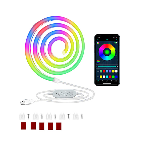 USB-drevet fargerik neon silikonlampe med Bluetooth-musikk, DIY spillrom atmosfærelampe 1m