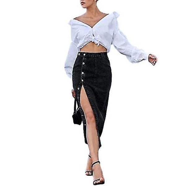 Dam Casual Hög Midja Enfärgad Knäppt Denim Jeanskjol Svart S Black