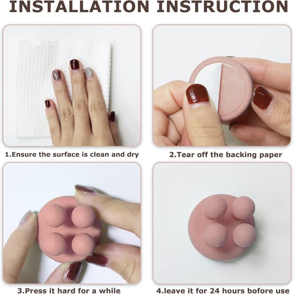 4 stk silikon tannbørsteholder multifunksjonell krok vanntett selvklebende veggplugg holder Pink