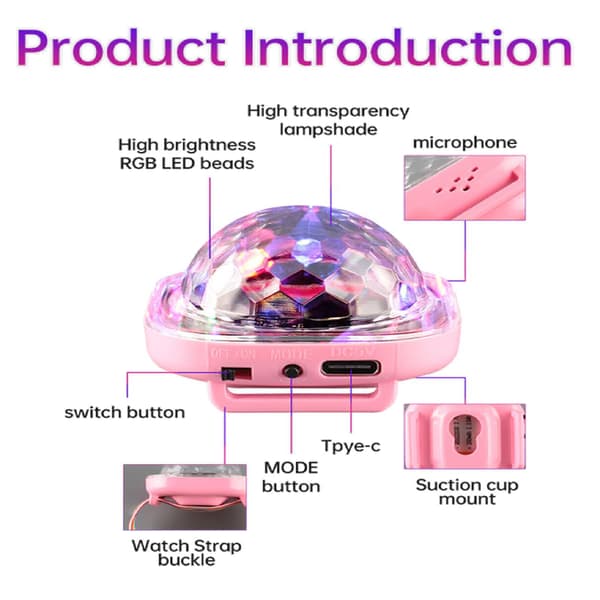 Bærbar LED diskokugle med armbånd og sugekop, USB-opladning til sjove børnefester, pink White