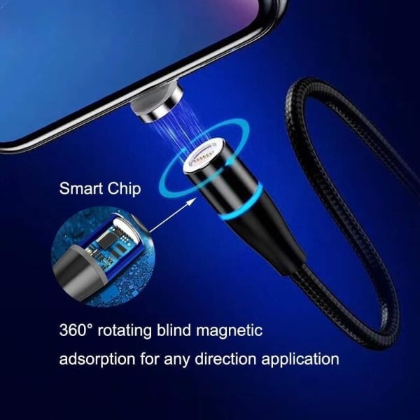 IC 2-pak 2m 3-i-1 Magnetisk ladekabel rask lading 3A SuperCharge Svart