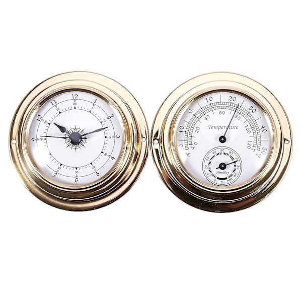 Termometer Hygrometer Barometer Klockor 2 Hela Set Väderstation Mätare Gold