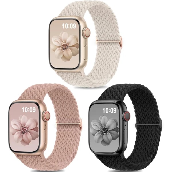 3-pack Flätad Solo Loop Kompatibel med Apple Watch Armband 40mm 38mm 41mm för Kvinnor och Män, Justerbart Elastiskt Sportarmband i Nylon A A 42/44/45/49mm