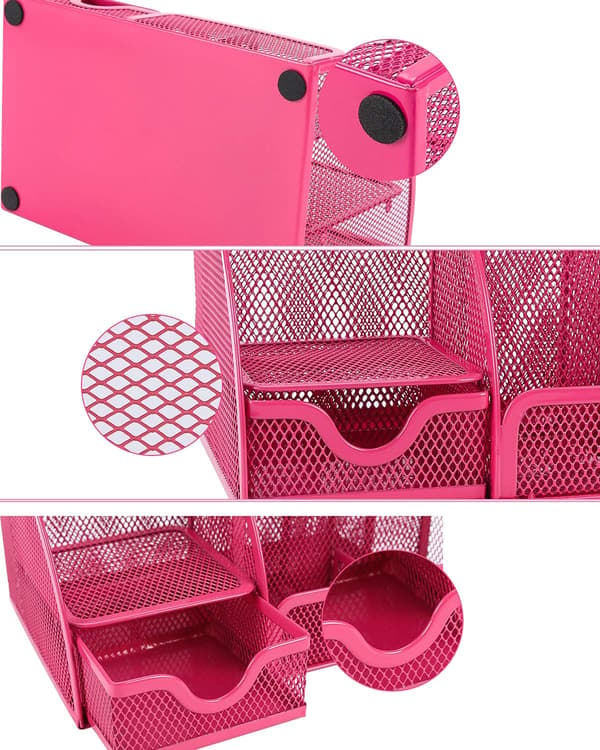 Kontor Mesh Skrivebordsorganizer Alsidig Skrivebordsopbevaring Skrivebordsorganizer Penneholder med Skuffe, Pink