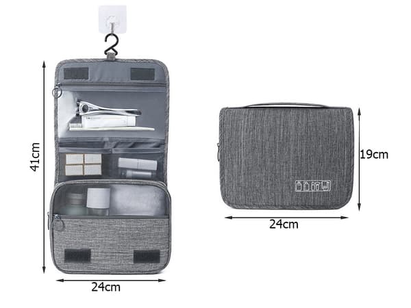 Hängande necessär, grå, resenecessär med krok, förvaring med dragkedja för badrummet Grey
