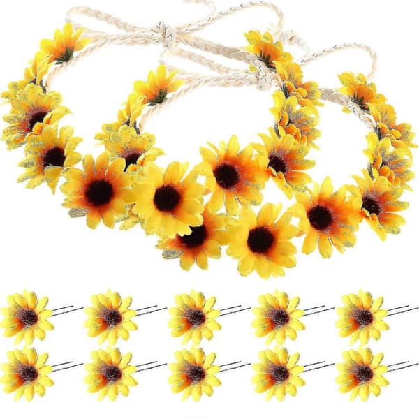 15 stycken solros hårklämmor, blommiga hårklämmor med 3 stycken solroskransar