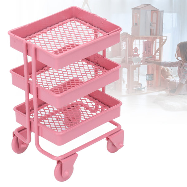 1:12 Mini Dockhus Leksak 3-Vånings Förvaringsställ med Hjul för Dockhus Köksmöbler Dekoration Rosa