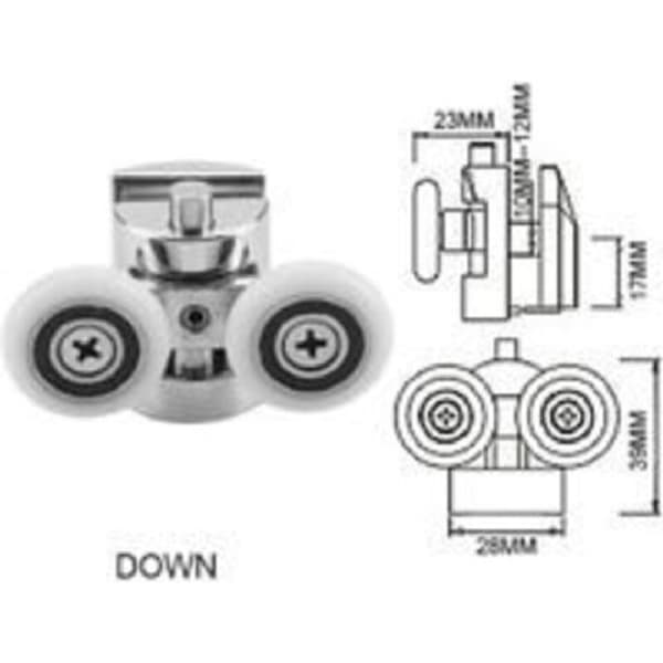 Sæt med 4 dobbeltruller - til skydedøre til bruseniche, 2 x 23 mm diameter zinklegeringshjul til badeværelse