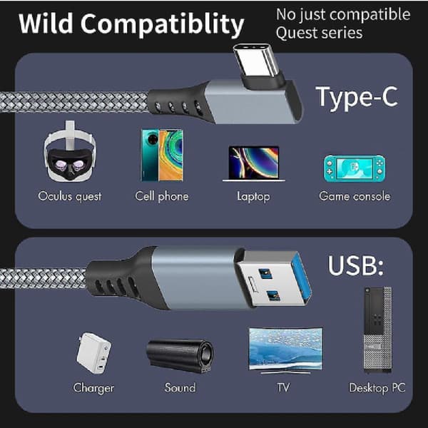 Linkkabel for Oculus Quest 2 Rask lading og dataoverføring USB C 3.2 Gen1 5 Gbps PD-overføring Ladekabel VR-hodesett Linkkabel Grå 5M Grey