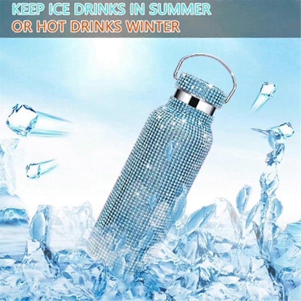Diamant Vandflaske i Rustfrit Stål, Bærbar Glitter Rhinestone Vandflaske, Skuldertaske, Bling Termokande 600ml C (FMY) Pink