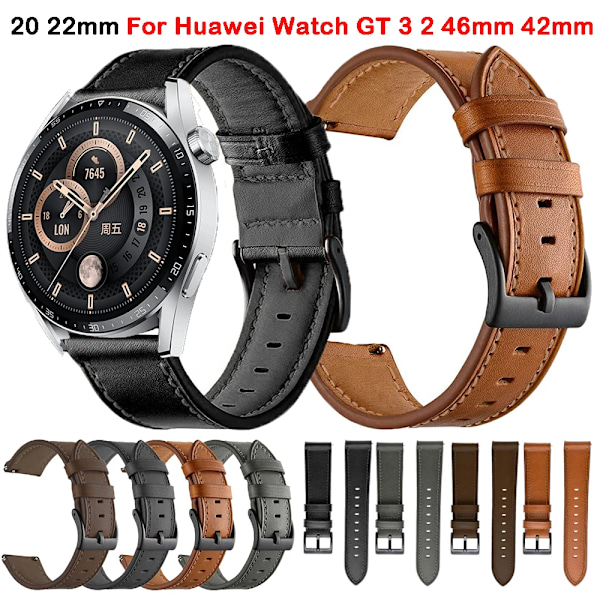 20 22MM Armband i Läder för Huawei Watch GT 3 2 GT3 GT2 Pro 46mm 42mm Honor Magic Smartwatch Band Armband Läder Svart Y