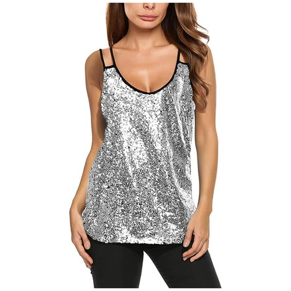 Ermeløs glitrende skimrende camisole-vest for kvinner, sølv silver M