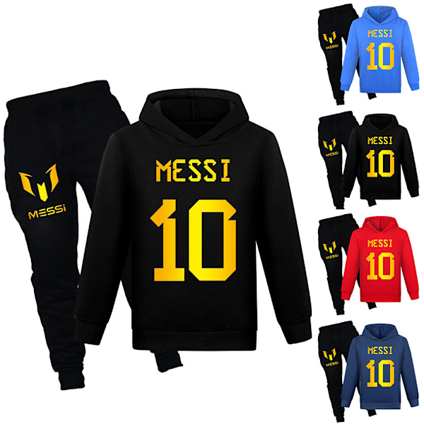 Barn Messi Fotball Fotballtrøyer Treningssett Hettemerker + Bukser Marineblå Marineblå Navy blue 140 cm