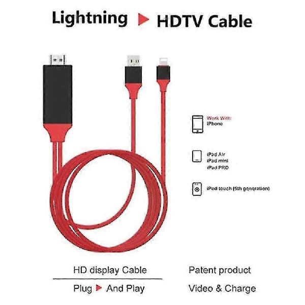 (Rød) 2M Lightning til HDMI-kabel HDTV-adapter for iPhone 11 Pro X Xr Xs 8 7 Plus