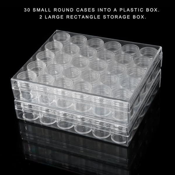 Klar plast smyckesförvaringslåda rektangulär låda 30 små runda behållare burkar 2 st