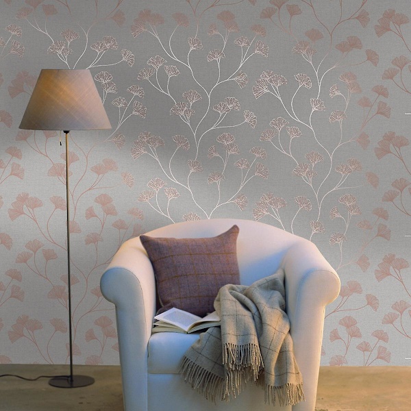 Glimtende Ginkgo Tapet Holden Grey/Rose Gold