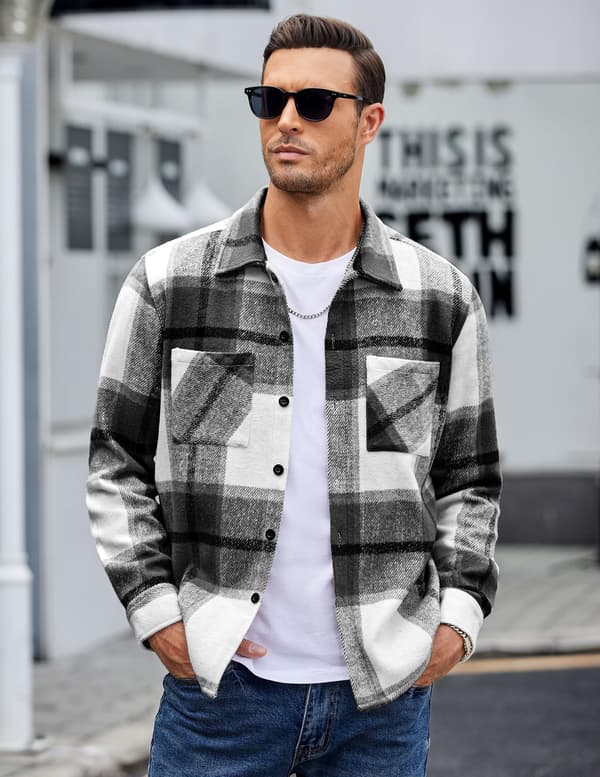 Flannelskjorter til mænd, afslappet ternet button-down skjortejakke Grey L