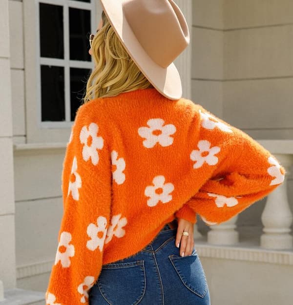 Damkofta med lång ärm, blommigt tryck, knappar framtill, V-ringning, stickad, orange orange XL