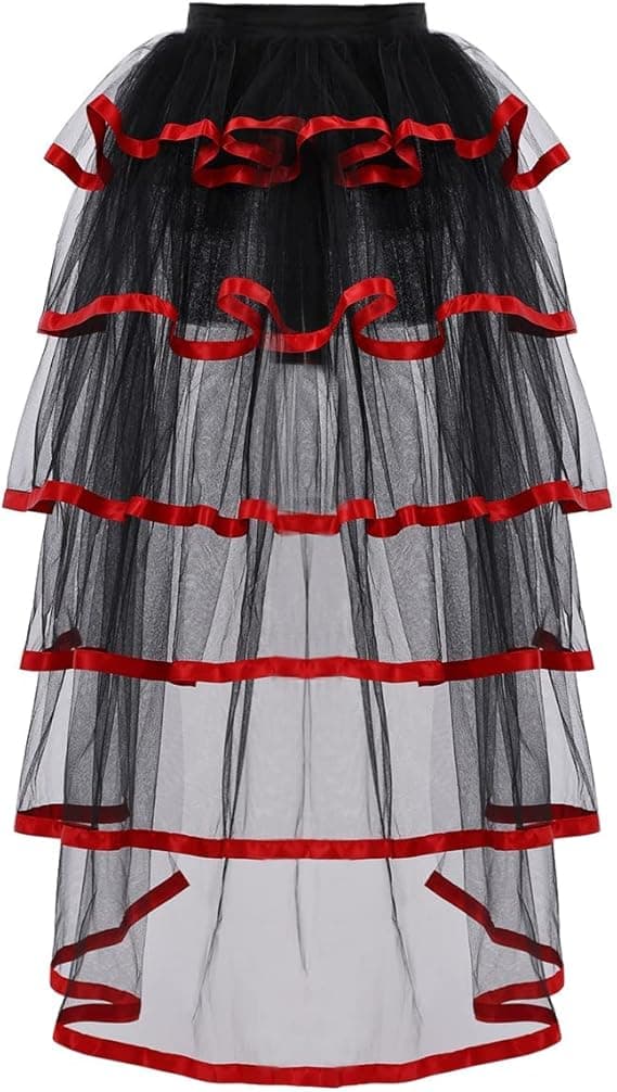 Viktoriansk Steampunk-nederdel med 6-lags bindebælte i dæk black and red