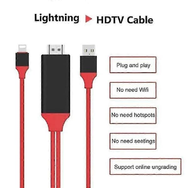 (Rød) 2M Lightning til HDMI-kabel HDTV-adapter til iPhone 11 Pro X Xr Xs 8 7 Plus
