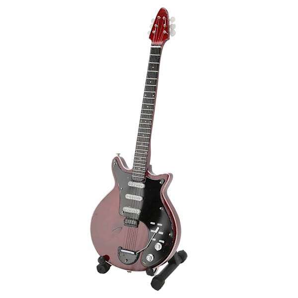 Miniature elguitar i rødbrun farve med stativ og etui, musikinstrumentmodeldekoration 10 tommer