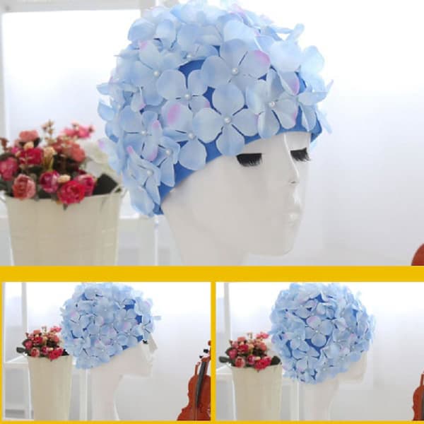 Badehette for kvinner med kronblader retro 3D blomsterbadehette dameblomsterbadehette blue