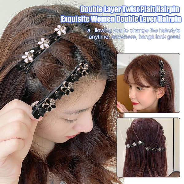 Blomsterhodeplagg Dobbeltlag Hårnåler Hårklemmer Rhinestone 2pcs（black+white）