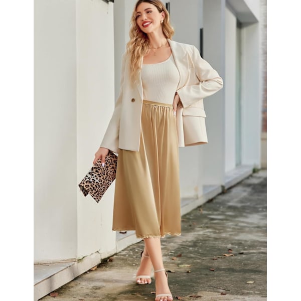 Satin underskjørt med blondekant for kvinner, lang underkjole champagne champagne XL