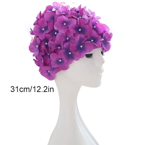 Badehette for kvinner med kronblader retro 3D blomsterbadehette dameblomsterbadehette purple